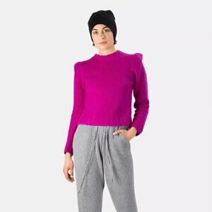 Naadam Fuzzy Magenta Sweater Cropped Long Sleeve Shoulder Detail‎